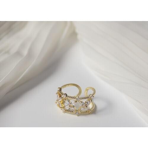 14k Real Gold Plated Micro-inlaid Zircon Flower Hollow Diamond-shaped Simple Open Rings for Woman Party Elegant Fashion Ring