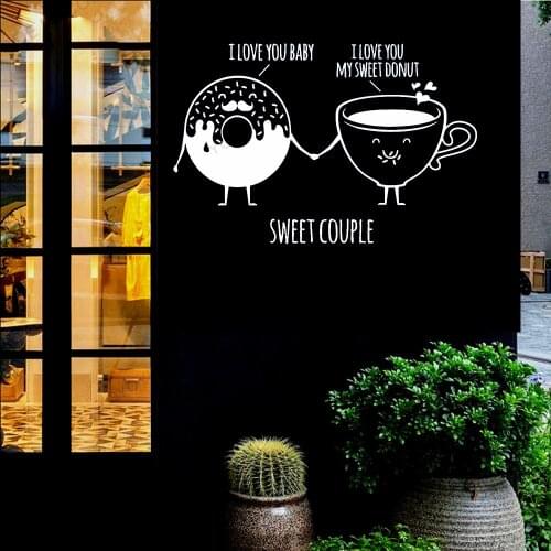 Lovely Vinyl Wall Sticker Donut Cup Sweet Couple Confectionery Shop Food Dessert Shop Interior Decor Window Glass Decals rb291