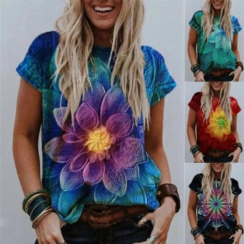 Fashion Womens Summer Round Neck Casual Loose Floral Printed Flower T Shirt Tie Dye Tops Plus Size Short Sleeve
