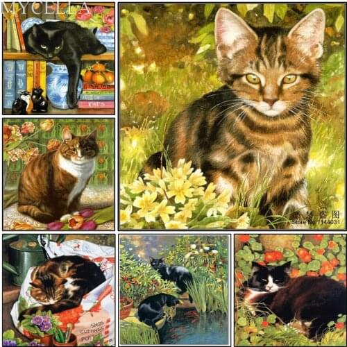 MYCELLA Flower Lovely Cat Needlework Diamond Painting 100% Full Drill Cross Stitch Rhinestones Animals 5d Diamond Embroidery