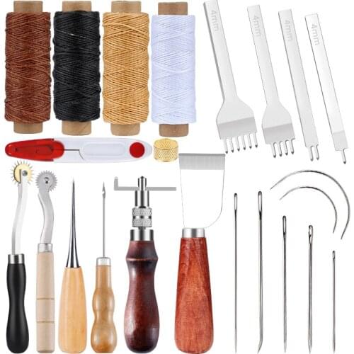 LMDZ Leather Sewing Tool Set Skiving Knife Hand Punch Groover Wooden Handle Awl Wax Thread Scissors Leather Needle Accessories