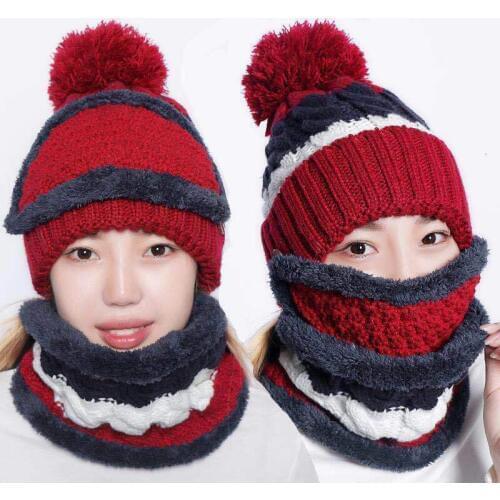 Sets 3 Variety Wearing Velvet Hats Women Warm Winter Thick Wool Beanies Hat Bib Mask Female Knit Skullies Ear Protector Caps