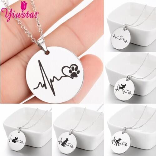 Stainless Steel Ladies Fashion German Shepherd French Bulldog Jewelry Heartbeat Paw Necklace Pendant Children Chain Cartoon Dog