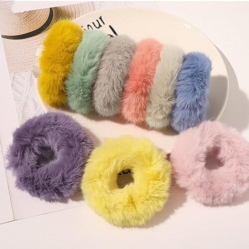 New Colorful Elastic Hair Ring Rope Faux Fur Furry Scrunchie Pack 15pcs Wholesale Flush Hair Band Women Girls Cute Hair Ties Set