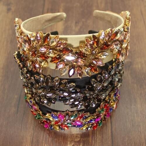 New Vintage Handmade Champagne Crystal Full Colorful Rhinestones Headdress Flower Luxury Headpiece Accessories For Women Wedding