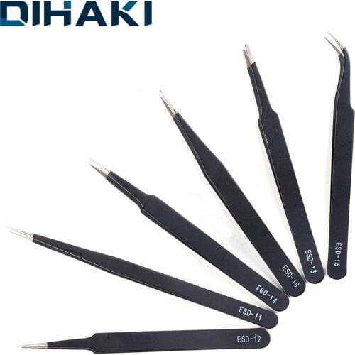 6Pcs Tweezers Anti-static Stainless Steel Maintenance Tools Industrial Precision Curved Straight Tweezers Repair Tools