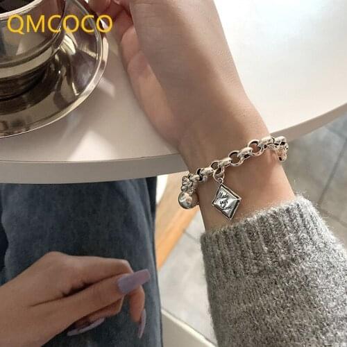 QMCOCO 925 Silver Letter Square Pendant Punk Charms Bracelet For Women Round Ball Hip-Hop Thai Silver Bracelet Party Gifts