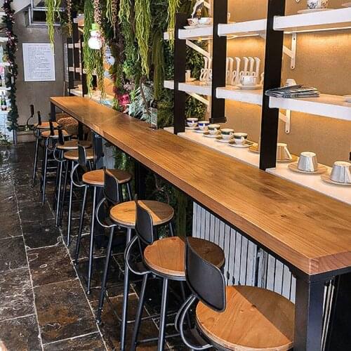 Solid Wood Bar Counter Cafe Industrial Wind Wall High Base Table and Chair Bar Wrought Iron Bar Counter Bar Counter Chair