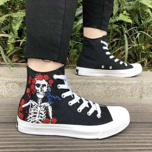 Wen Classic Black Canvas Sneakers Design Grateful Dead Skull Hand Painted Shoes High Top Custom Skateboard Sport Shoes