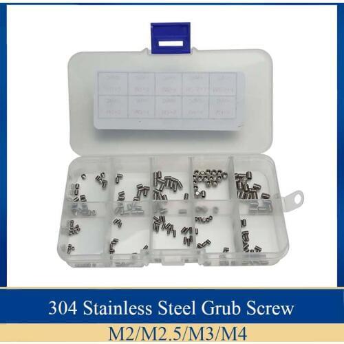 200Pcs/set 304 Stainless Steel Metric Thread Grub Screw M2 M2.5 M3 M4 Flat Point Hexagon Socket Set Screws Headless Kit