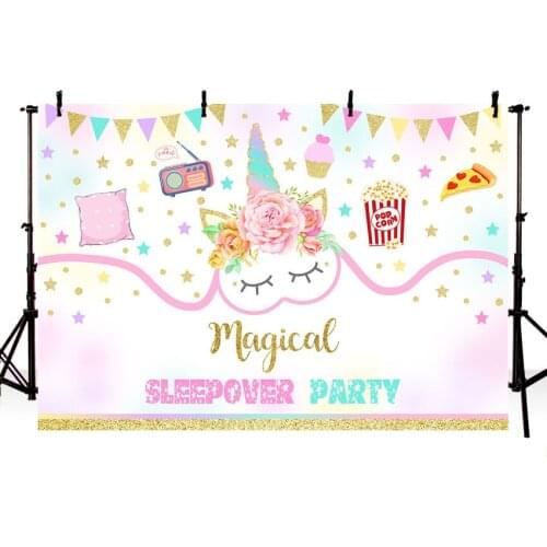 Magical Sleepover Party Backdrop Unicorn Flower Popcorn Girls Party Photo Background Photography Backdrops Studio Shoots
