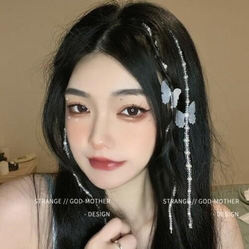 Pearl braid chain transparent crystal side hair accessory butterfly bobby pin dirty braid tassel tied hair chain