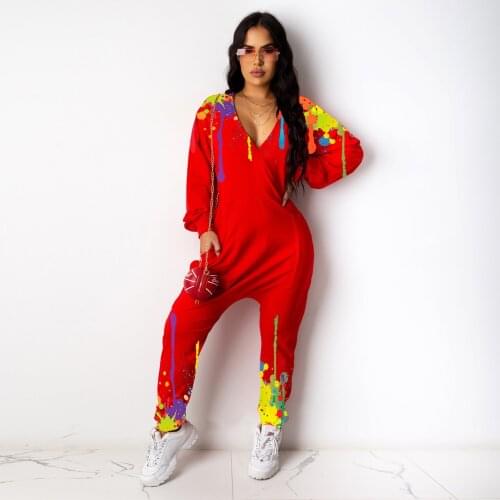 Red Tie Dye Deep V Neck Long Sleeve Loose Casual One Piece Pants Women Jumpsuits Outfits 2021 New Product Sports Rompers Overall