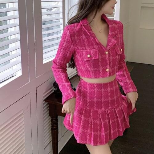 Sexy 2 piece Sets Autumn Short Blazer Crop Top And A-Line Pleated Skirt Womens Elegant Plaid Tweed Suit