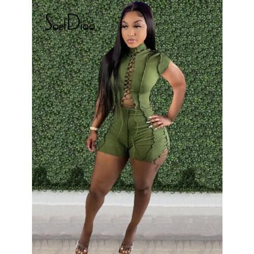 Soefdioo Solid Short Sleeve Hollow Out Bandage Slim Playsuits Women Sexy One Piece Overalls Autumn 2021 Party Night Club Rompers