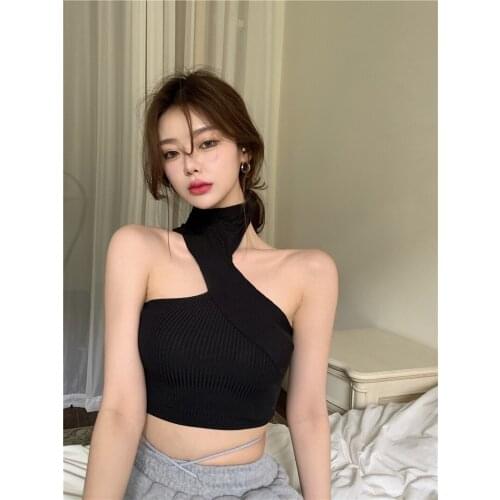 2021 Halter Crop Top Knitted Women White Casual Summer Basic Bandage T Shirts Y2K Sexy Off Shoulder Black Sleeveless Tank Tops