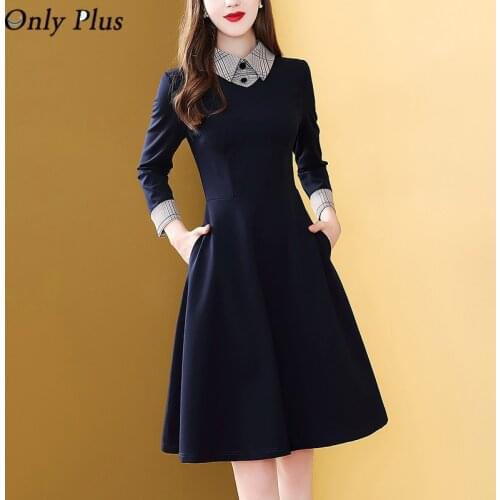 2021 New Deep Blue Woman Dress Knee Length Cotton Office Lady A-Line Dress Women French Spring Autumn Vestidos Solid