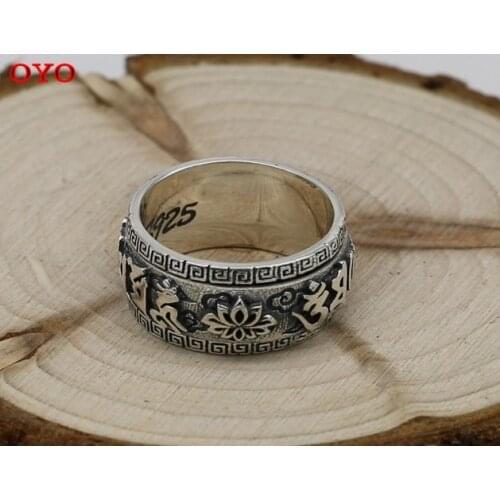 100% 925 sterling silver vintage Thai silver Sanskrit punk ring male and female personality creative domineering six-character m