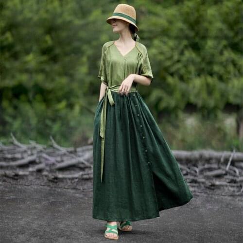 2021 Women Spring Summer Vintage Print Dress Female Slim Patchwork Short Sleeve Loose Vestido Lady Vintage Plus Size Dresses J90