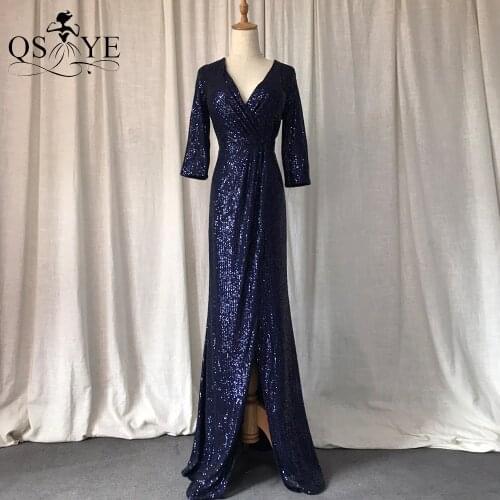 Sparkle Navy Prom Dresses Split Sequined Mermaid Evening Gown Long Sleeves Formal Party Gown Deep V Neck Straight Woman Dresses