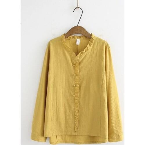 Plus Size XL-4XL Full Cotton Blouse Long Sleeved V-neck OL White Blusas Casual Tops