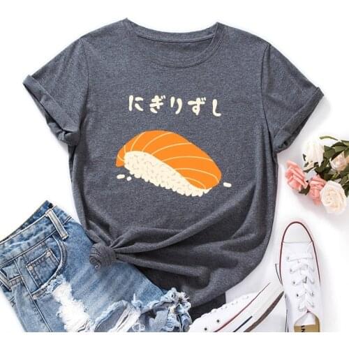 Summer Women T-shirts OverSized 100% Cotton Creative Harajuku Sushi Printed Tshirts Short Sleeve Japanese Letter Ladies Tee Tops