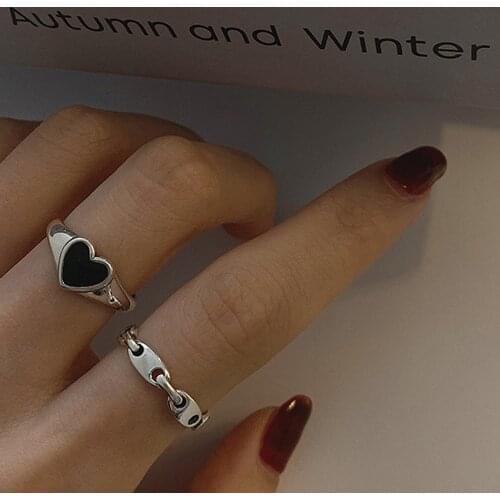 New Ins Black Love Lock Ring Simple All-Match Heart Shaped Open Adjustable Heart Ring For Women Girls Fashion Jewelry Gift