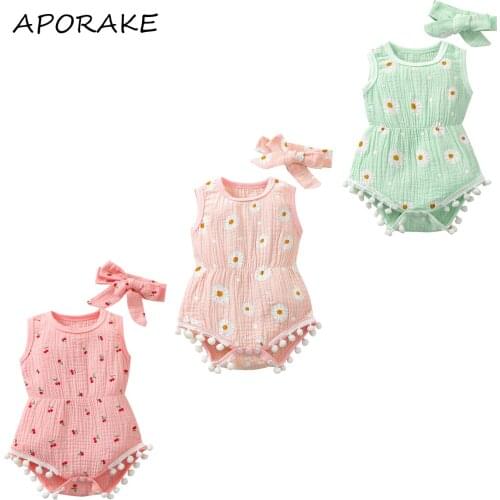 2021 0-24M Sweet Summer Infant Baby Girl Romper+Headband Daisy Printing Sleeveless Tassel Jumpsuit Cotton Linen 2pcs Outfits