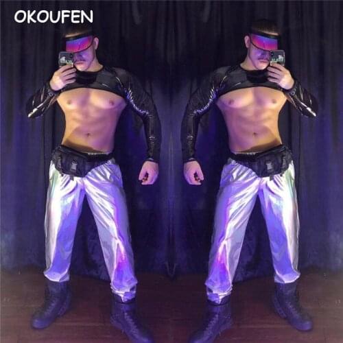 Nightclub Bar Future Warrior Suit Costume Sexy Men Silver Patent Leather Clothing set Stage show dance outfit
