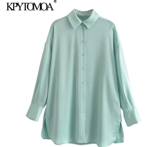 KPYTOMOA Women 2021 Fashion Oversized Soft Touch Blouses Vintage Long Sleeve Side Vents Female Shirts Chic Tops
