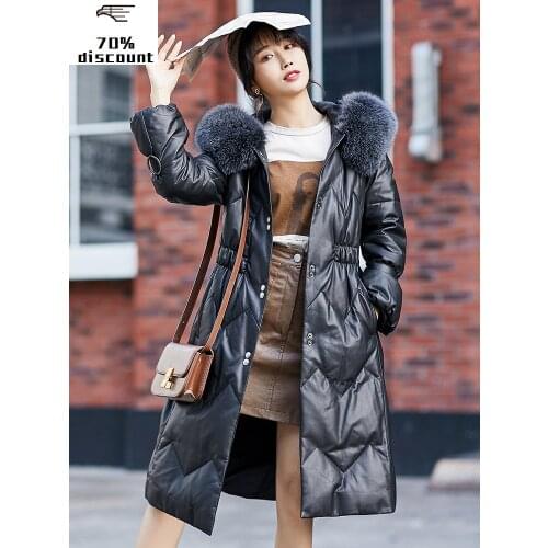 Real Leather Jacket Winter Coat Women Fox Fur Collar Long Down Jackets for Women Sheepskin Coat Chaqueta Mujer MY4225
