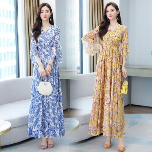 Summer chiffon shredded floral dress girl 2021 new long knee-to-ankle swing thin super-long skirt