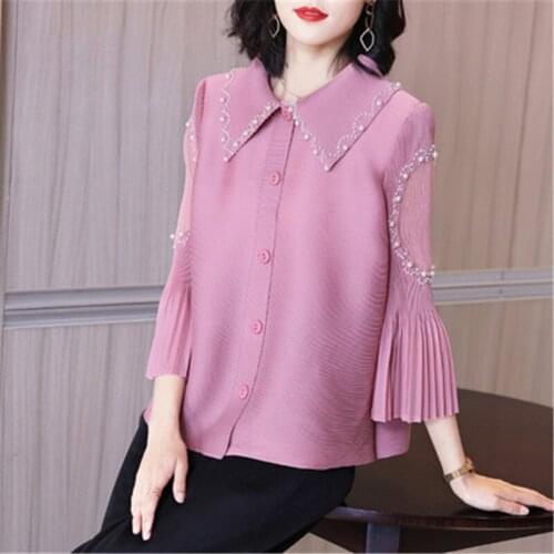 Miyake folds high-end western style beaded small jacket spring 2021 new female loose large size mothers age reduction cardigan