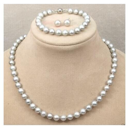 Fashion Natural 8-9mm Gray Freshwater Pearl Necklace Bracelet Earrings Set