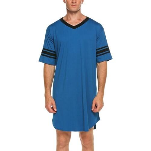 Men Cotton Nightshirt Robes Short Sleeve Soft Cotton V-neck Loose Nightwear Summer Casual Male Sleepwear Long Tops