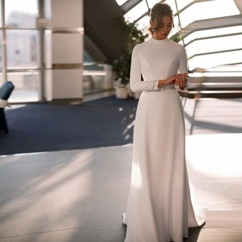 2021 Latest Modest Simple Ivory Long Sleeves Bridal Wedding Dresses High Collar Beaded Belt Wedding Gowns for Bride Sweep Train