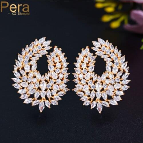 Pera High Quality African CZ Yellow Gold Big Statement Leaf Shape Crystal Drop Earrings for Women Engagement Party Jewelry E673