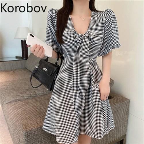 Korobov Women Plus Size Dress 2021 New Arrival V Neck Bow Plaid Dresses Vintage Elegant Chic Puff Sleeve Slim A-Line Vestidos