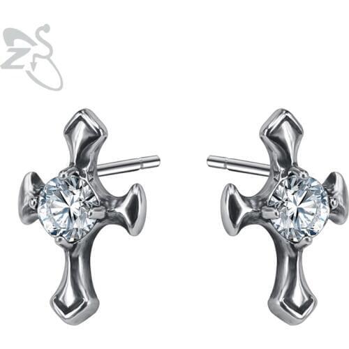 ZS Punk Cross Earrings for Men Women Stainless Steel Jewelry Mens Stud Earring with Black/White CZ Earing Biker Jewellry 2018