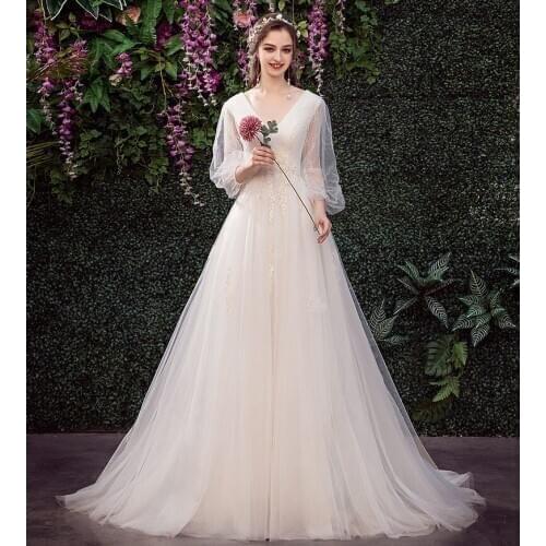 Light Champagne Boho Wedding Dresses 2020 Lace Appliques Puff Long Sleeves Bridal Wedding Gowns Vestido De NoPFW594