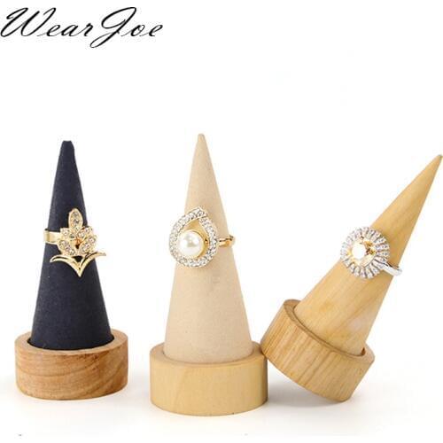 Upscale Boutique Wood Ring Jewelry Display Holder Cone Shaped Organizer Stand Support Finger Rack Bague Crafts Storage Showcase