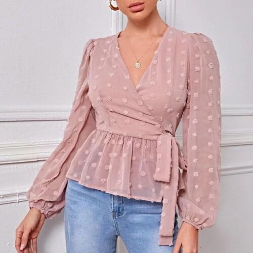 Women Chiffon Blouse Jacquard V-neck Tunic Ruffle Female Blouse Shirt Puff Long Sleeve Lace Up Spring 2021 Fashion Loose Causal