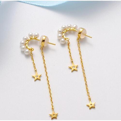 925 Sterling Silver Jewelry Female Gold Star Freshwater Pearl Long Tassel Earrings for Women 2019 Statement Jewel Accessories