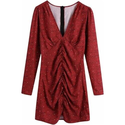 Women Fashion Pleated Mini Dress Vintage Puff Sleeves Back Zipper Female Dresses