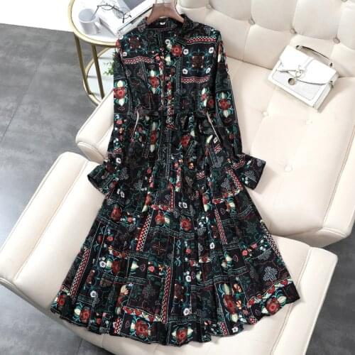 2021 Spring Autumn New Large Size Women French Retro Printed Dress Waist Waist Thin Long Sleeve Shirt Stitching Pleated dresss33