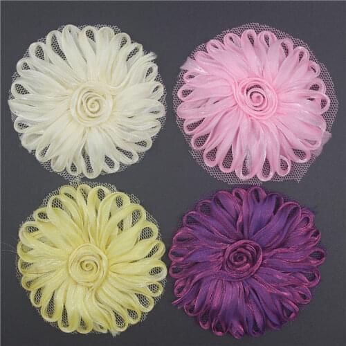 10pcs 2.5" Voile Ribbon Daisy Flower For Baby Girls Headbands Hair DIY Crafting Flower Supplies Clothes Sewing Accessories