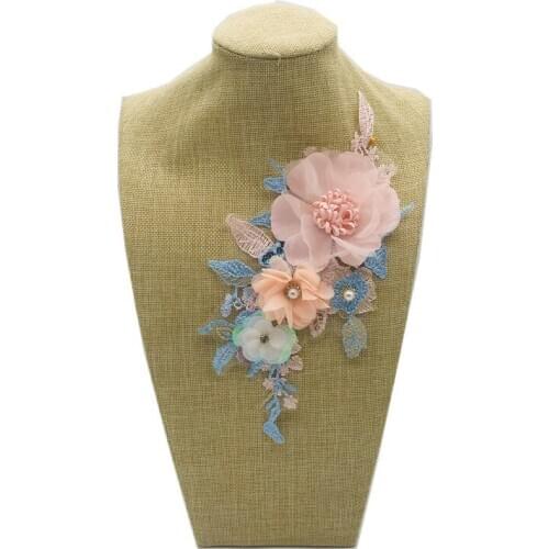 10pc/lot embroidery Lace Collar Pearl Beaded 3D Flowers trim Lace Applique Wedding Dress Decor Neckline Floral Patch