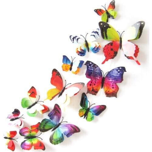 12Pcs Mixed color Double layer Butterfly 3D Wall Sticker for wedding decoration Magnet Butterflies Fridge stickers toy