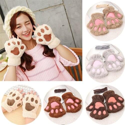 2018 Winter Warm Gloves Women Cute Car Animal Paw Gloves Fingerless Fluffy Plush Paw Mittens Half Finger I Pair Soft Gloves Girl