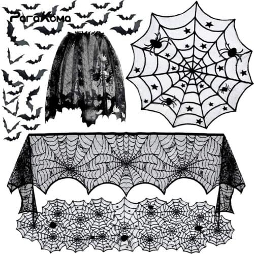 5pack Halloween Decorations Tablecloth Table Runner Black Lace Round Spider Cobweb Dinning Table Cover Halloween Party